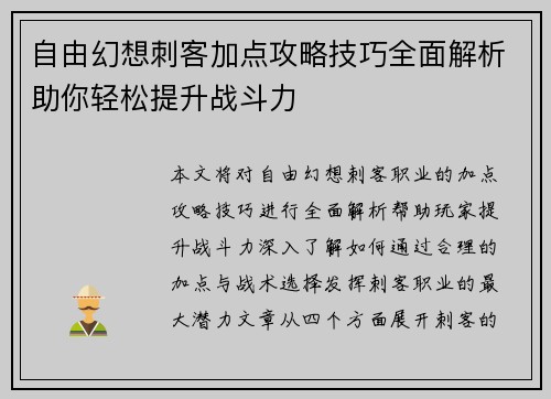 自由幻想刺客加点攻略技巧全面解析助你轻松提升战斗力